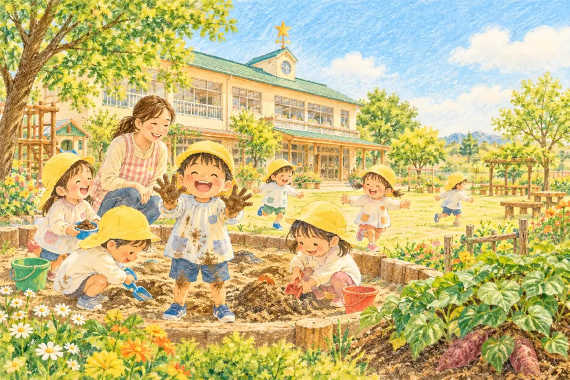 園庭の畑で、どろんこになってあそぶ子どもたちと先生