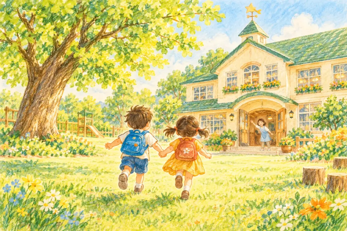 手をつないで、園舎へかけていく子どもたち