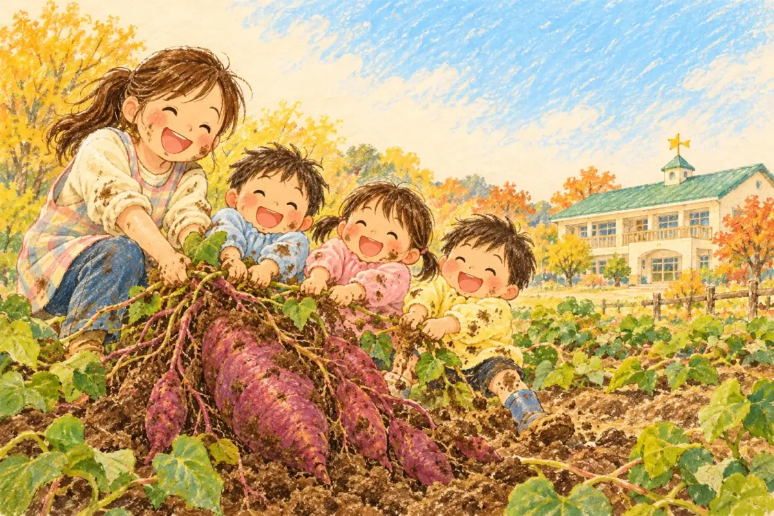掘ったさつまいもを持って笑う、子どもたちと先生