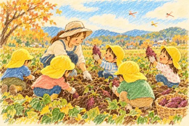 畑で、さつまいも掘りをする子どもたち
