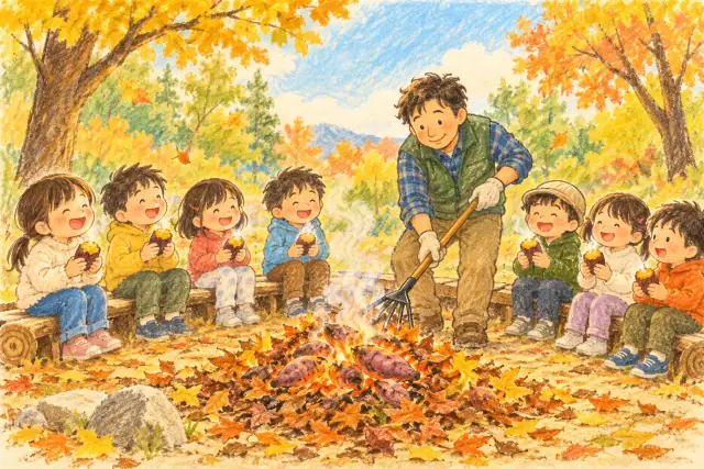 落ち葉のたき火で焼いたおいもを食べる子どもたち