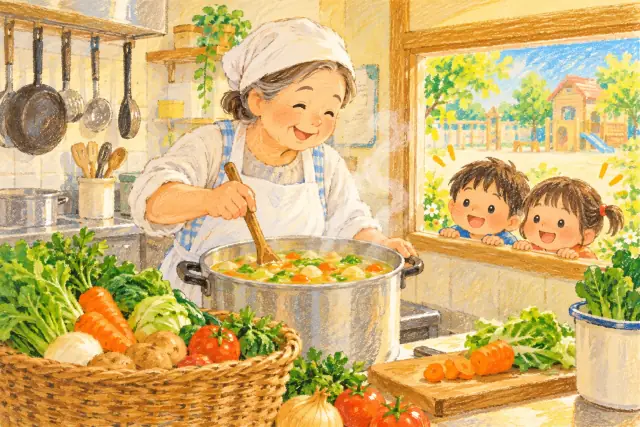 園の台所で、給食を作る調理の先生