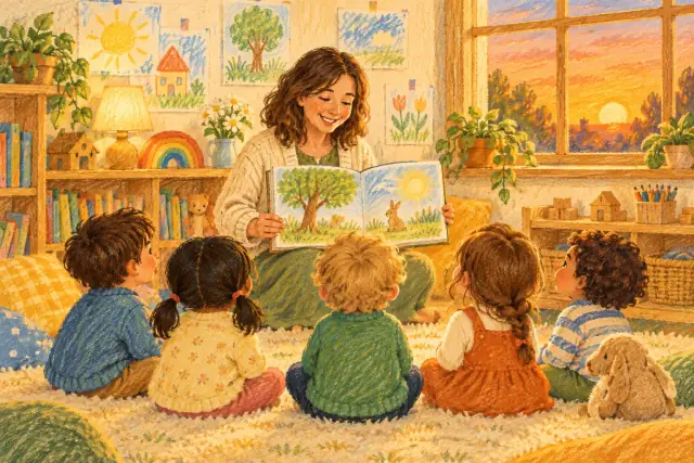 夕方の預かり保育で、絵本を読んでもらう子どもたち