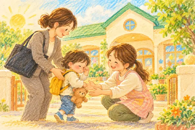 朝、おうちの方から子どもを迎える先生