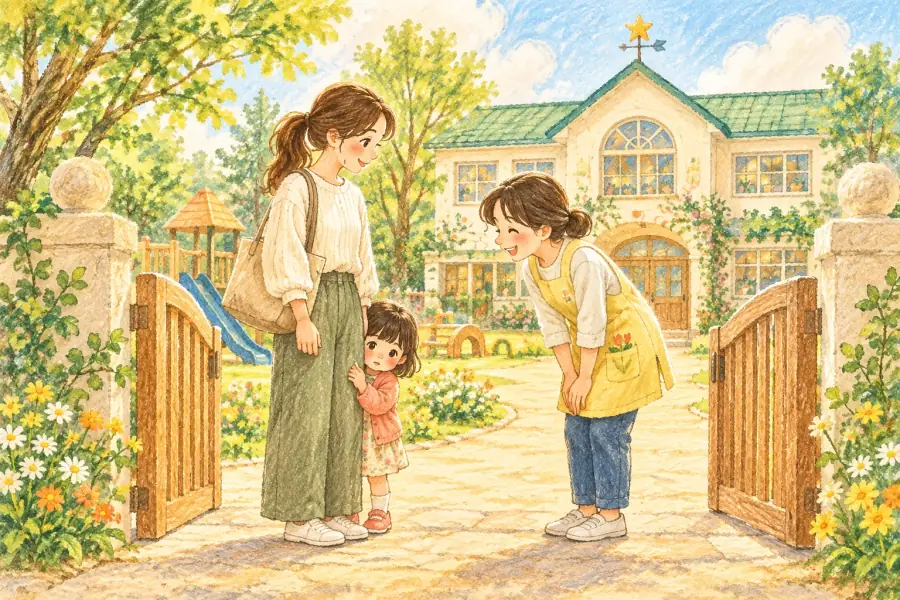 園の門で、見学に来た親子を迎える先生