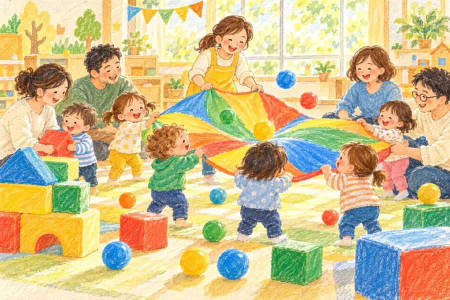 未就園児のあそびの会で、大きな布であそぶ親子