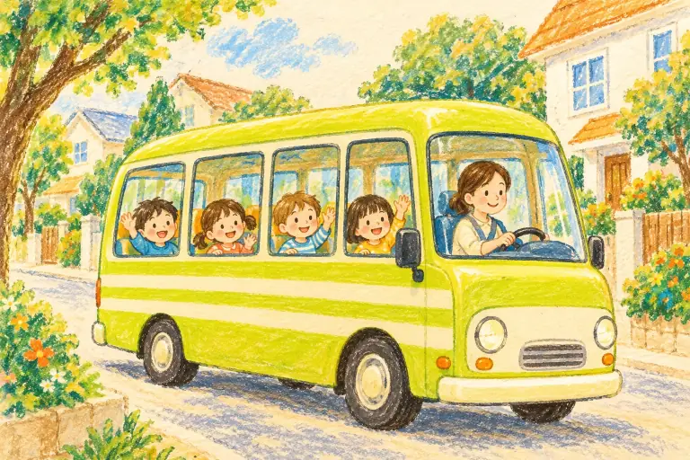 園バスに乗って、手をふる子どもたち