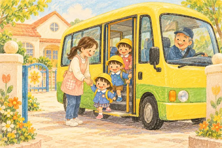 園バスを降りる子どもたちと、迎える先生