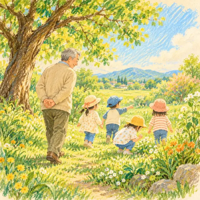 野原で、子どもたちを見守る園長