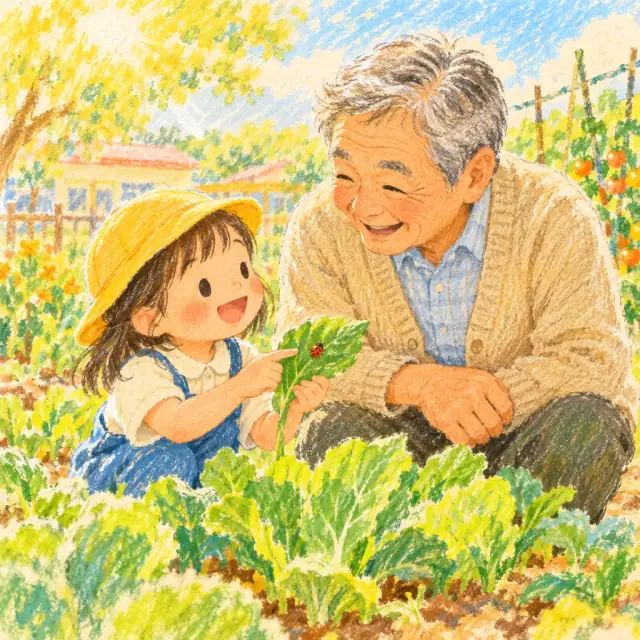 畑で、子どもといっしょに野菜を見る園長
