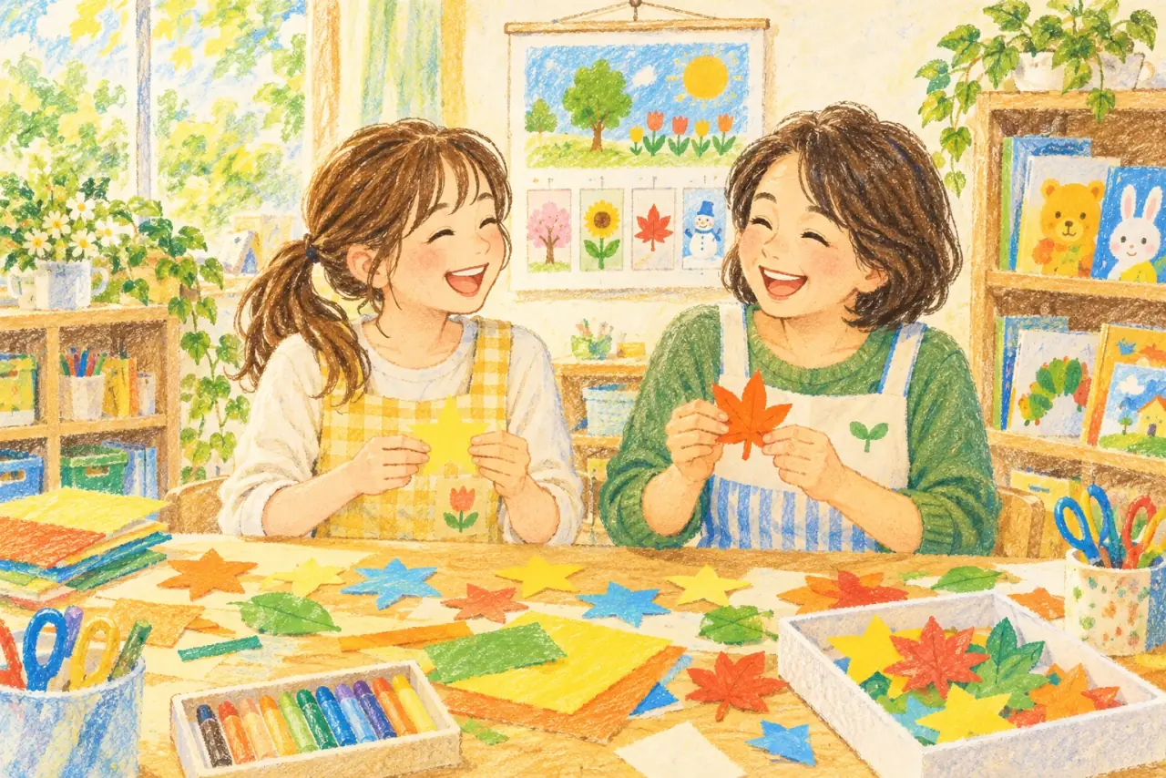 工作の準備をしながら笑う先生たち
