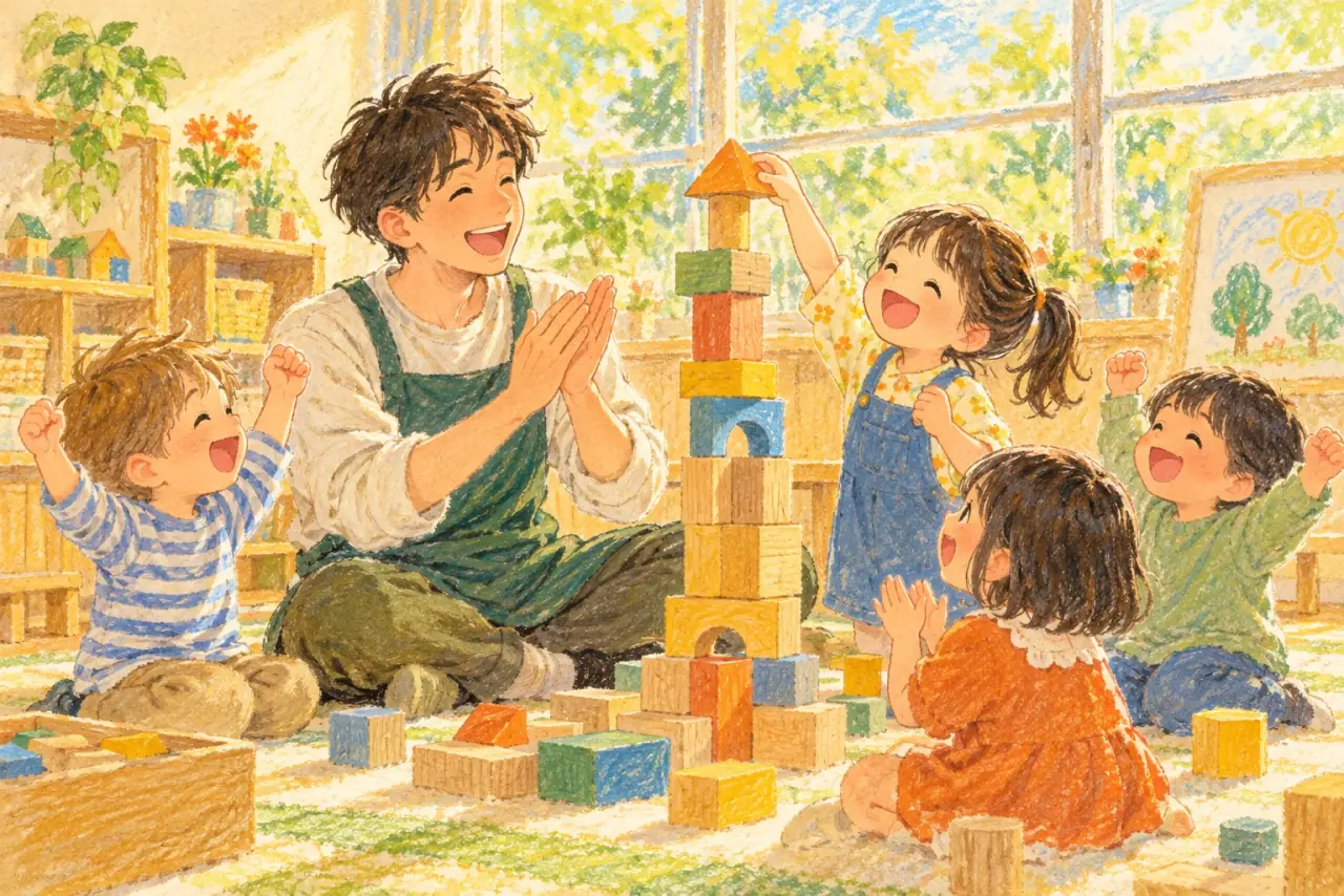 子どもたちと積み木であそぶ先生