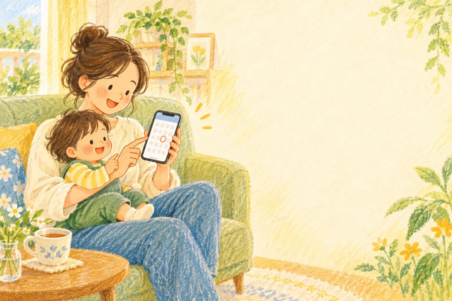 スマートフォンで、見学の予約をする親子