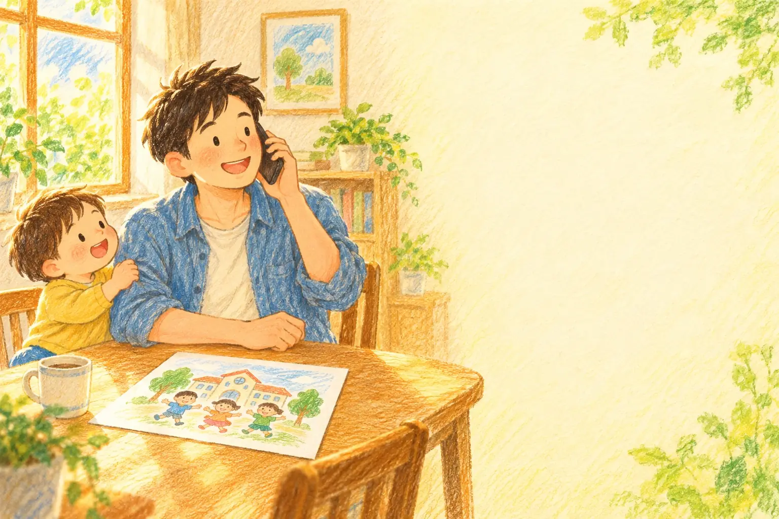 電話で、見学の申し込みをする親子